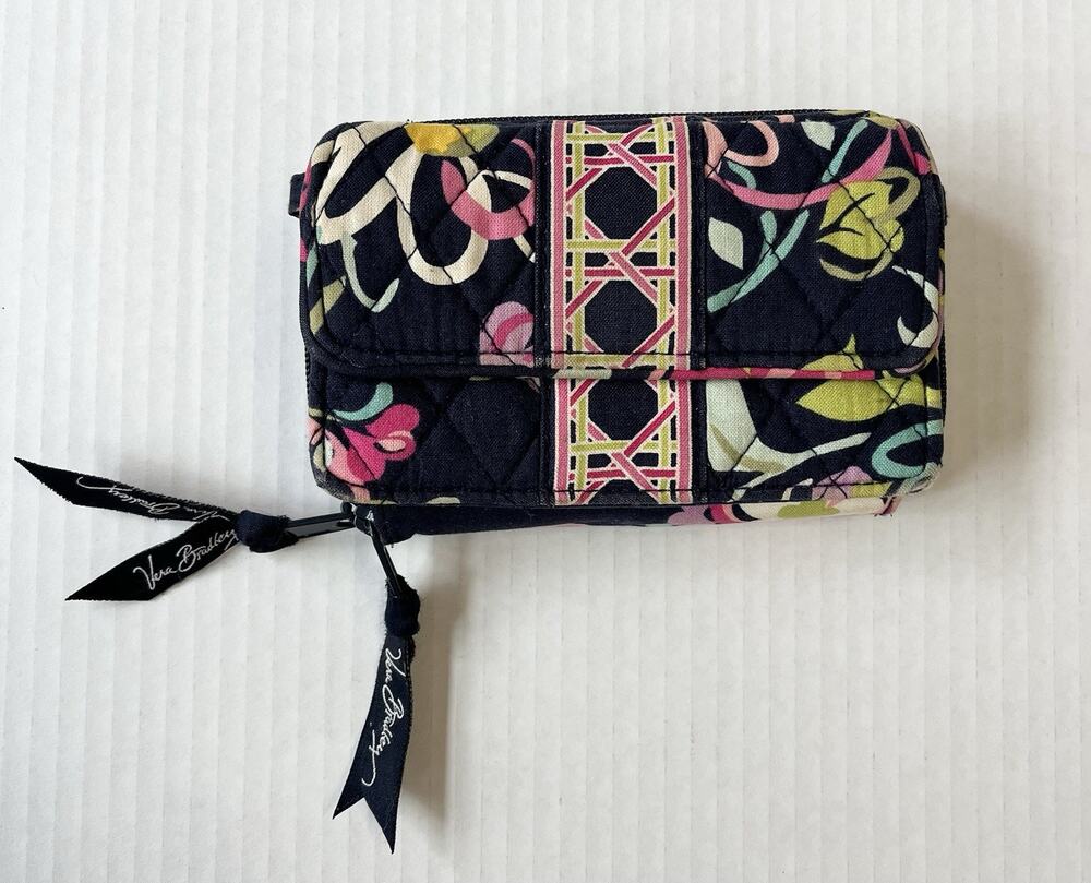 Vera Bradley Ribbons Floral Geometric Wallet Zip Around x2 ID Purse Blue Pink